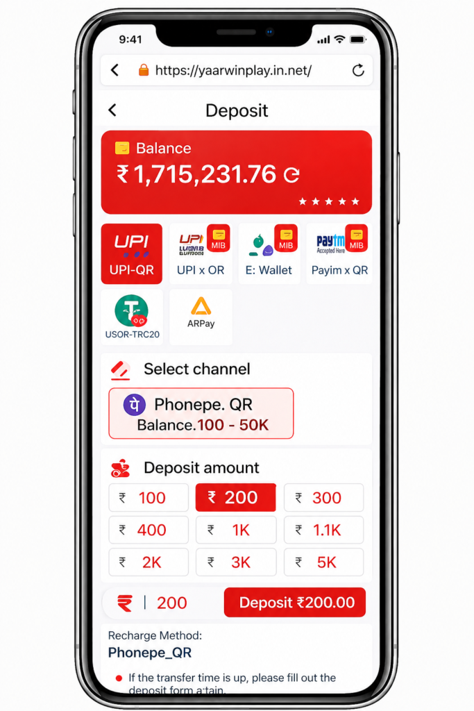 Yaarwin Game deposit process using UPI QR and wallet